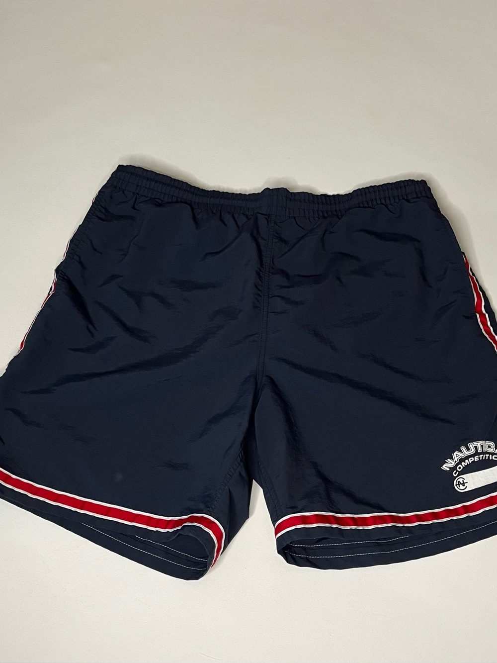 Nautica Competition Swim Shorts Mens L Navy Blue Red Stripe